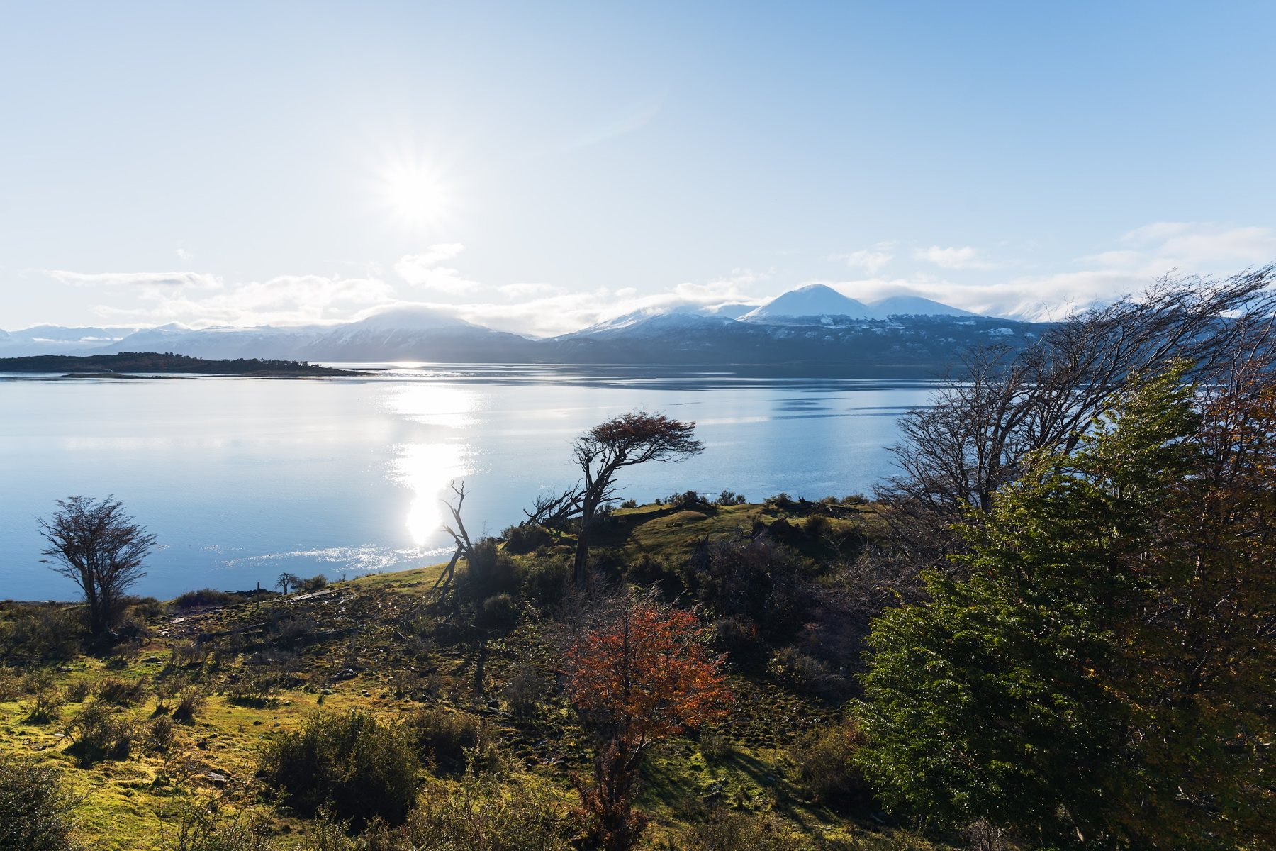 El Canal Beagle desde el lodge, con sol y montañas nevadas